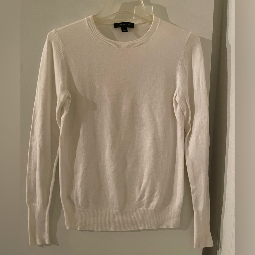 Ann Taylor Thin Crew Neck Sweater Ivory/White Long Sleeve Lightweight